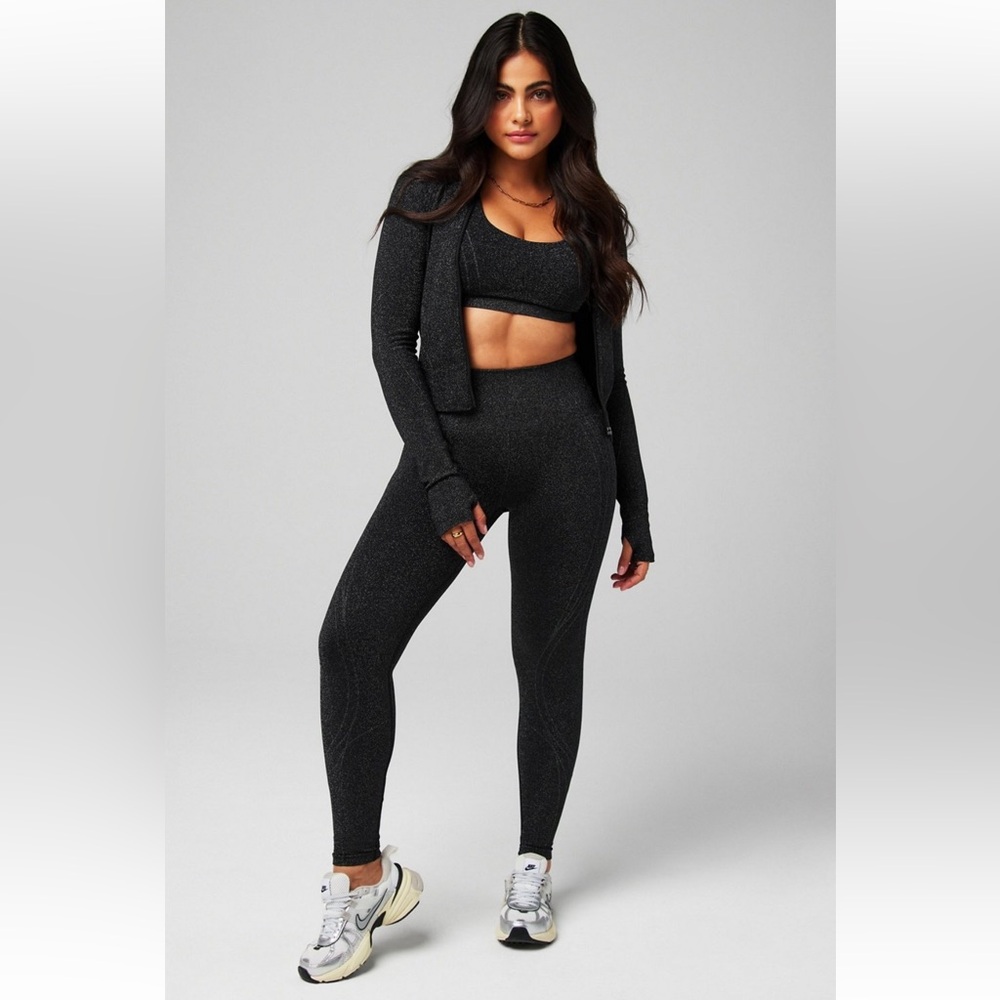 Fabletics X Khloe Kardashian black sparkle jacket & high waisted sparkle legging